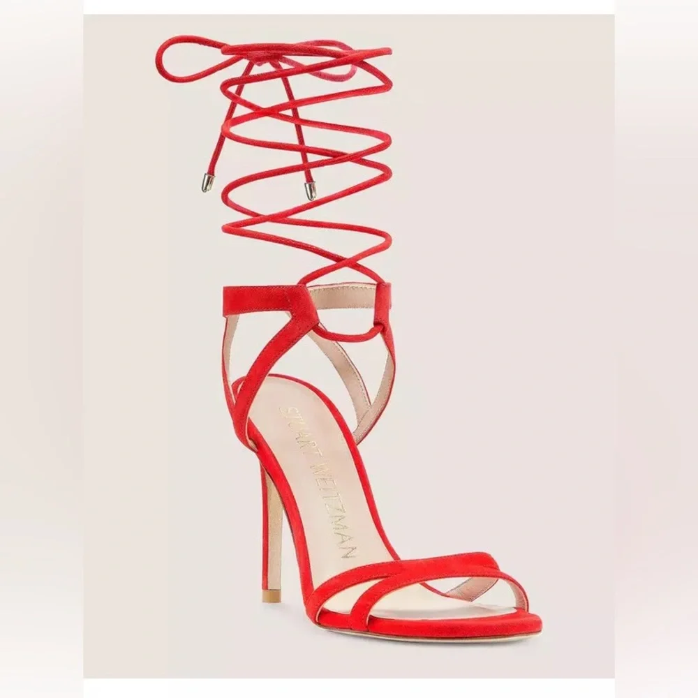 Stuart Weitzman Soiree 100 Red Lace-Up Strappy Heels 5.5 NWOB Designer Shoe - Picture 2 of 14
